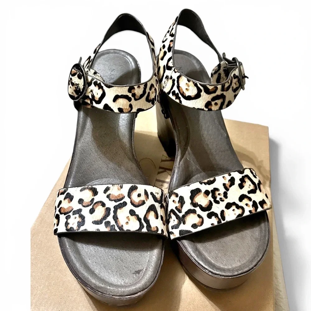 Naked Feet Oro Platform Sandal Bone Leopard Stamped Calf Hair Leather 8.5
